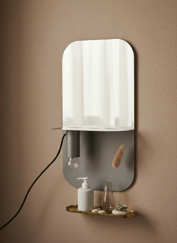 Nástěnná kosmetické zrcadlo s lampou, železo, hliněně hnědá/šedá, výška 45 cm Leitmotiv LM1830GY