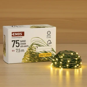 Vánoční nano řetěz, zelený kabel, 7,5 m, teplá bílá, venkovní i vnitřní, s časovačem - EMOS LED