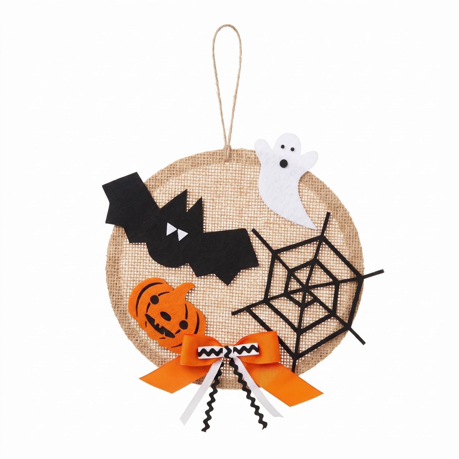 Závěsná dekorace Halloween z juty 30 cm – s netopýrem, duchem a dýní, 1 ks
